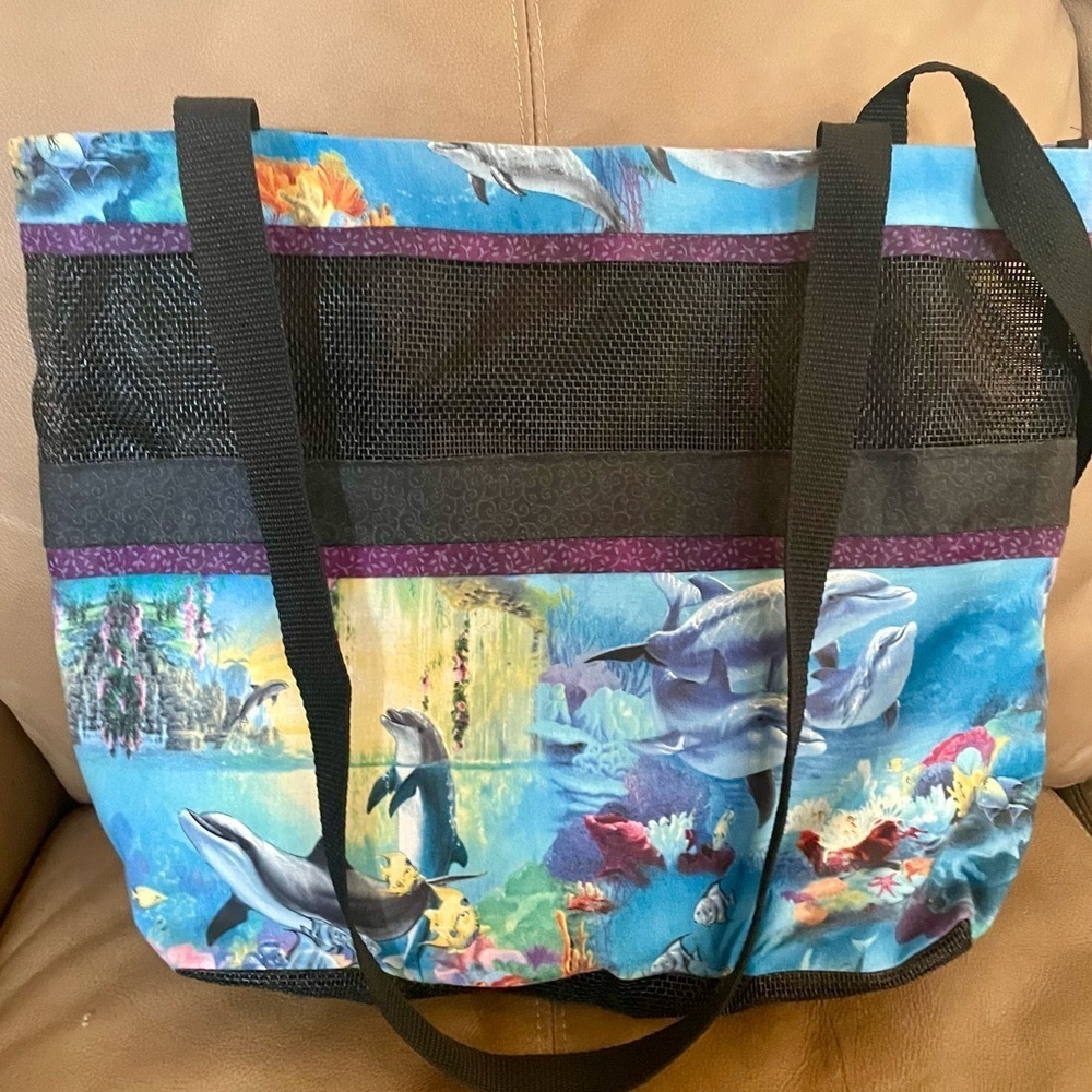 Save the Oceans Whales & Dolphins Netted & Fabric Beach Pool Travel Tote Bag